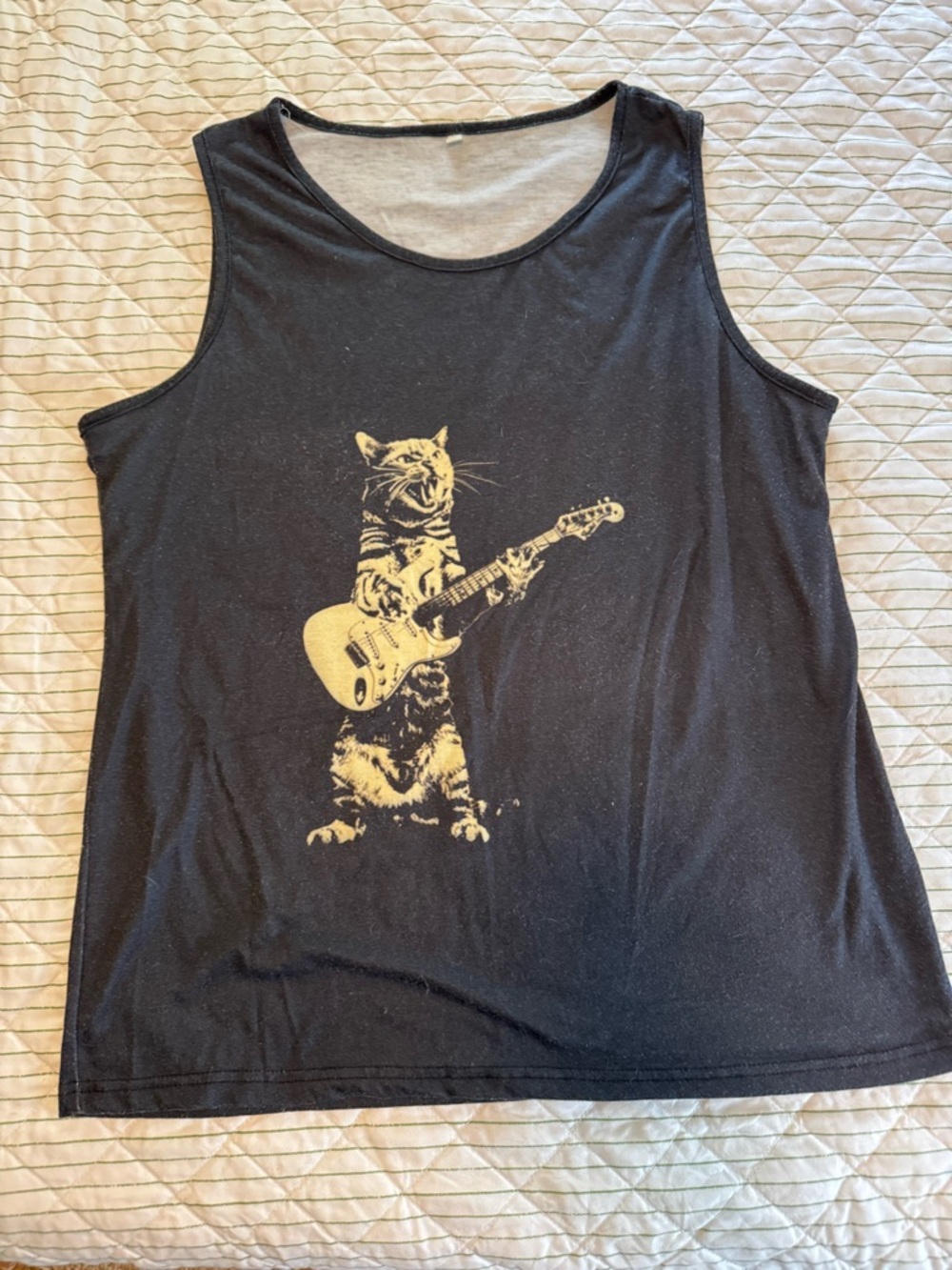 Black Cat Graphic Tank Top with Yellow Guitar Print